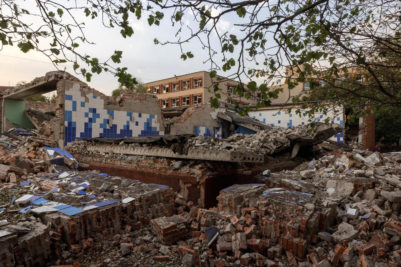 A general view shows a school that was destroyed in a recent Russian airstrike in Pokrovsk