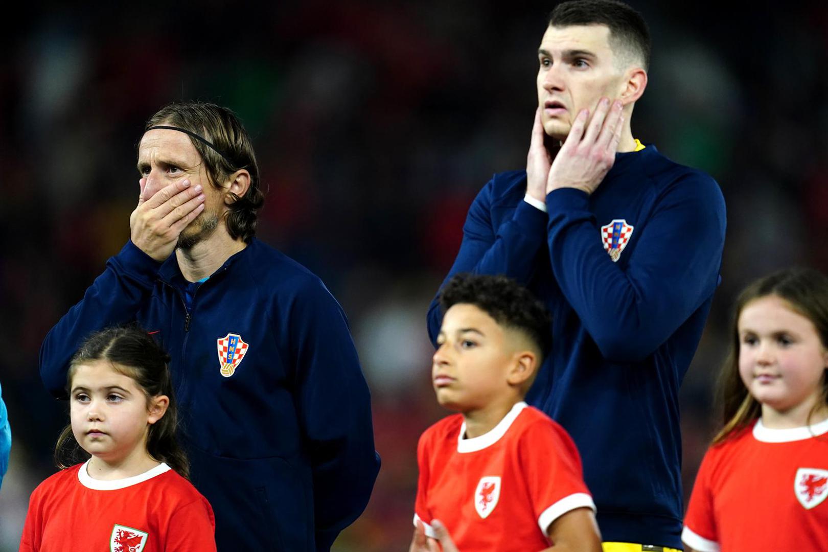 Croatia's Luka Modric (left) and goalkeeper Dominik Livakovic before the UEFA Euro 2024 Qualifying Group D match at the Cardiff City Stadium, Wales. Picture date: Sunday October 15, 2023. Photo: Nick Potts/PRESS ASSOCIATION