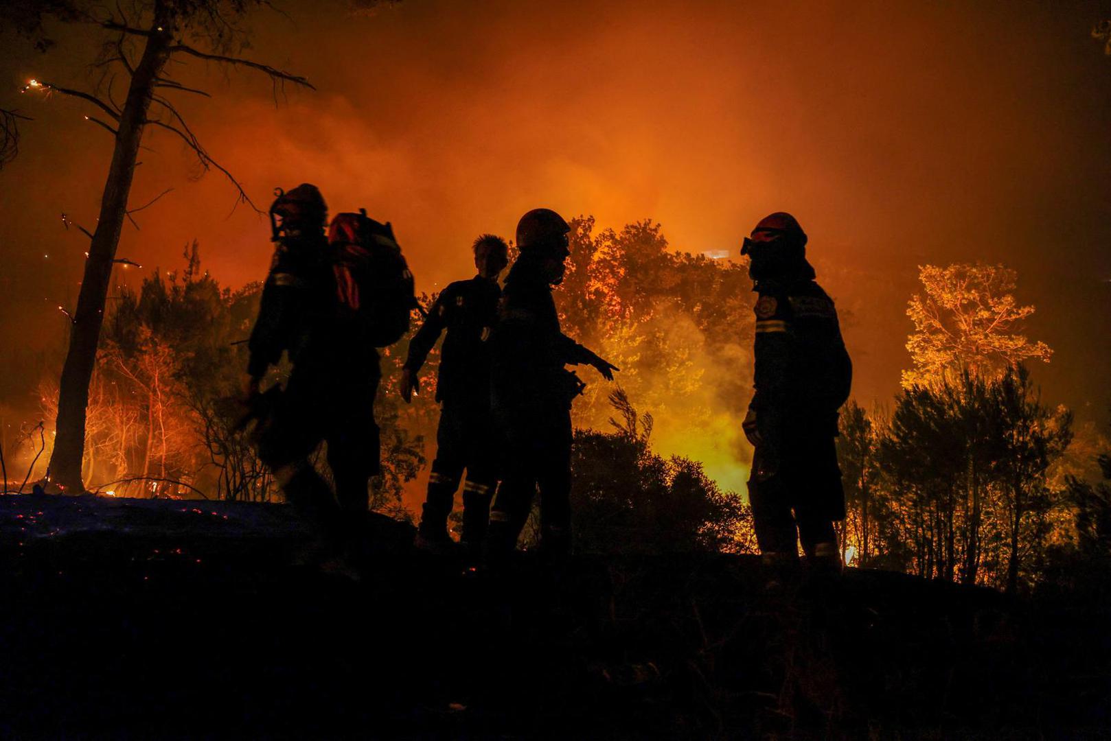 Firefighters try to extinguish a wildfire burning in Dionysos, Greece, August 12, 2024. REUTERS/Alexandros Avramidis Photo: ALEXANDROS AVRAMIDIS/REUTERS