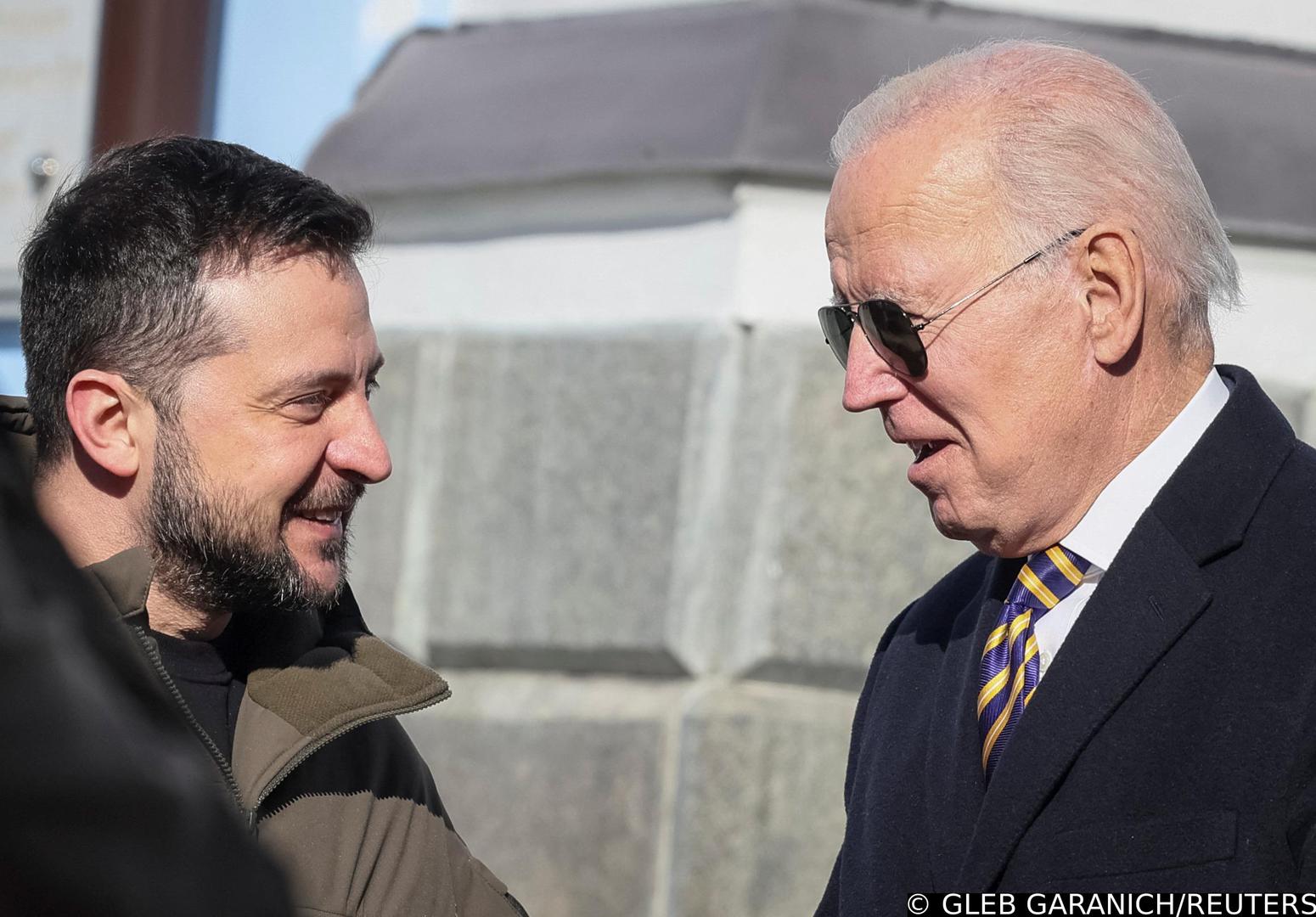 U.S. President Joe Biden and Ukraine's President Volodymyr Zelenskiy visit Saint Michael’s cathedral, amid Russia's attack on Ukraine, in Kyiv, Ukraine February 20, 2023. REUTERS/Gleb Garanich Photo: GLEB GARANICH/REUTERS