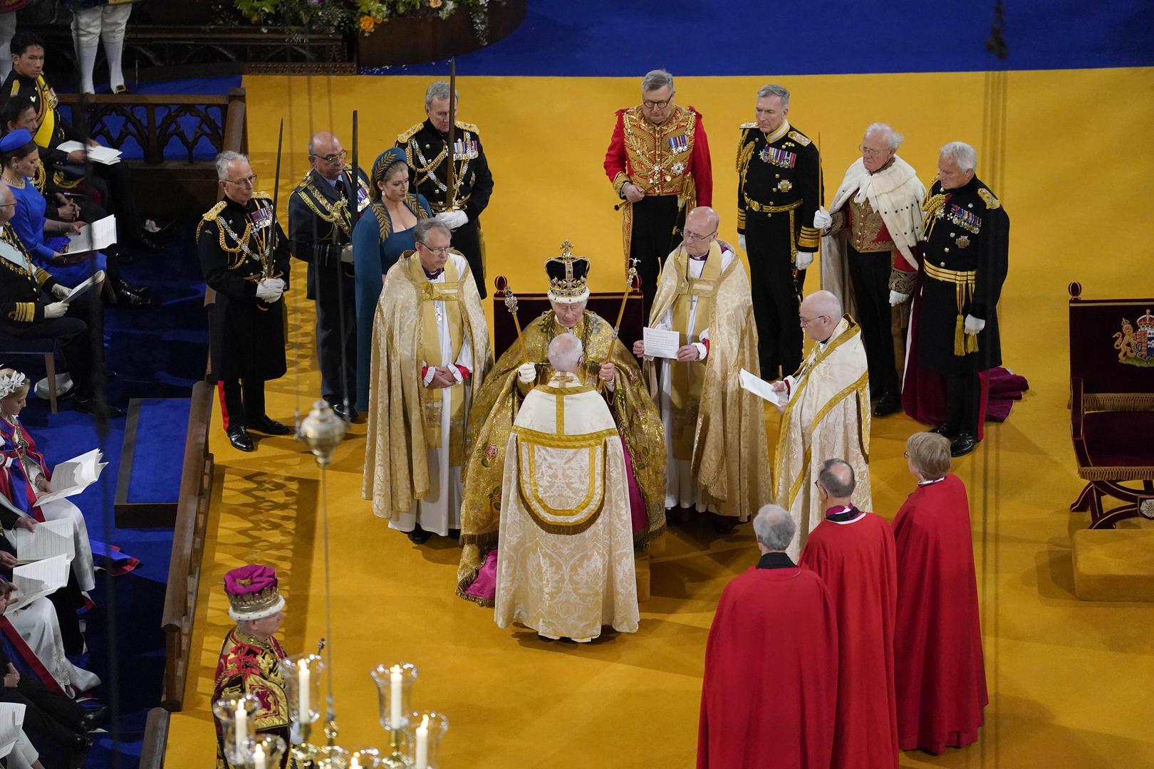 King Charles III receives The St Edward's Crown during his coronation ceremony in Westminster Abbey, London. Picture date: Saturday May 6, 2023. Photo: Andrew Matthews/PRESS ASSOCIATION