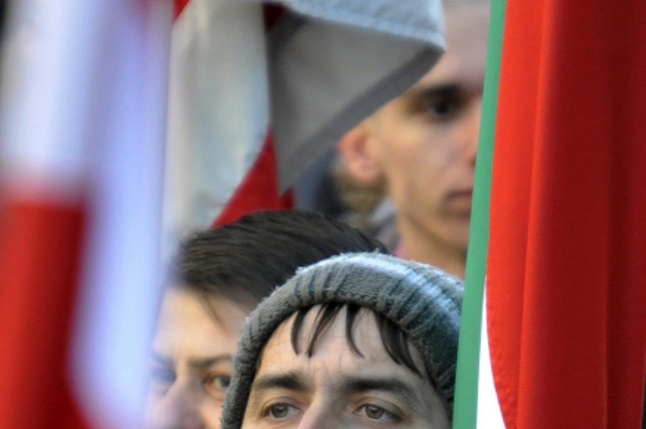\'A participant attends a rally as some ten thousand activists and sympathizers of the nationalist right-wing party, the \'Jobbik\' (The Better) listen to their leader Krisztina Morvai (not pictured) 