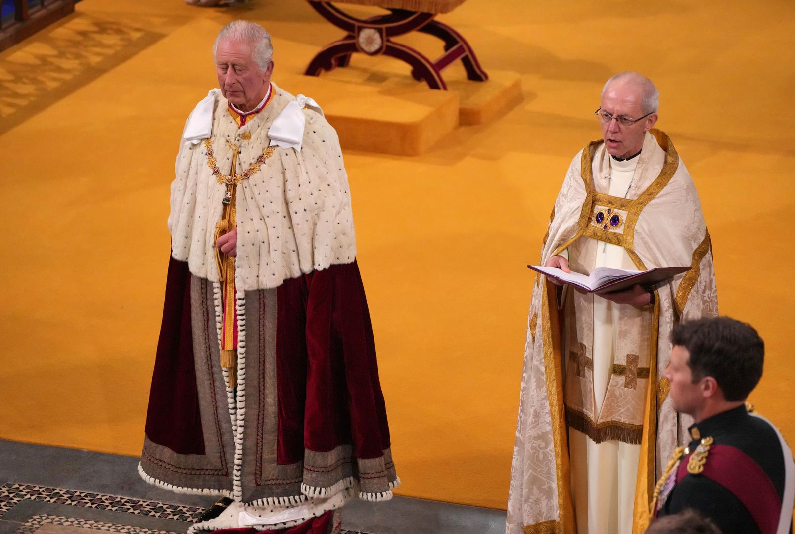 The Archbishop of Canterbury the Most Reverend Justin Welby (right) with King Charles III (left) during his coronation ceremony in Westminster Abbey, London. Picture date: Saturday May 6, 2023. Photo: Aaron Chown/PRESS ASSOCIATION