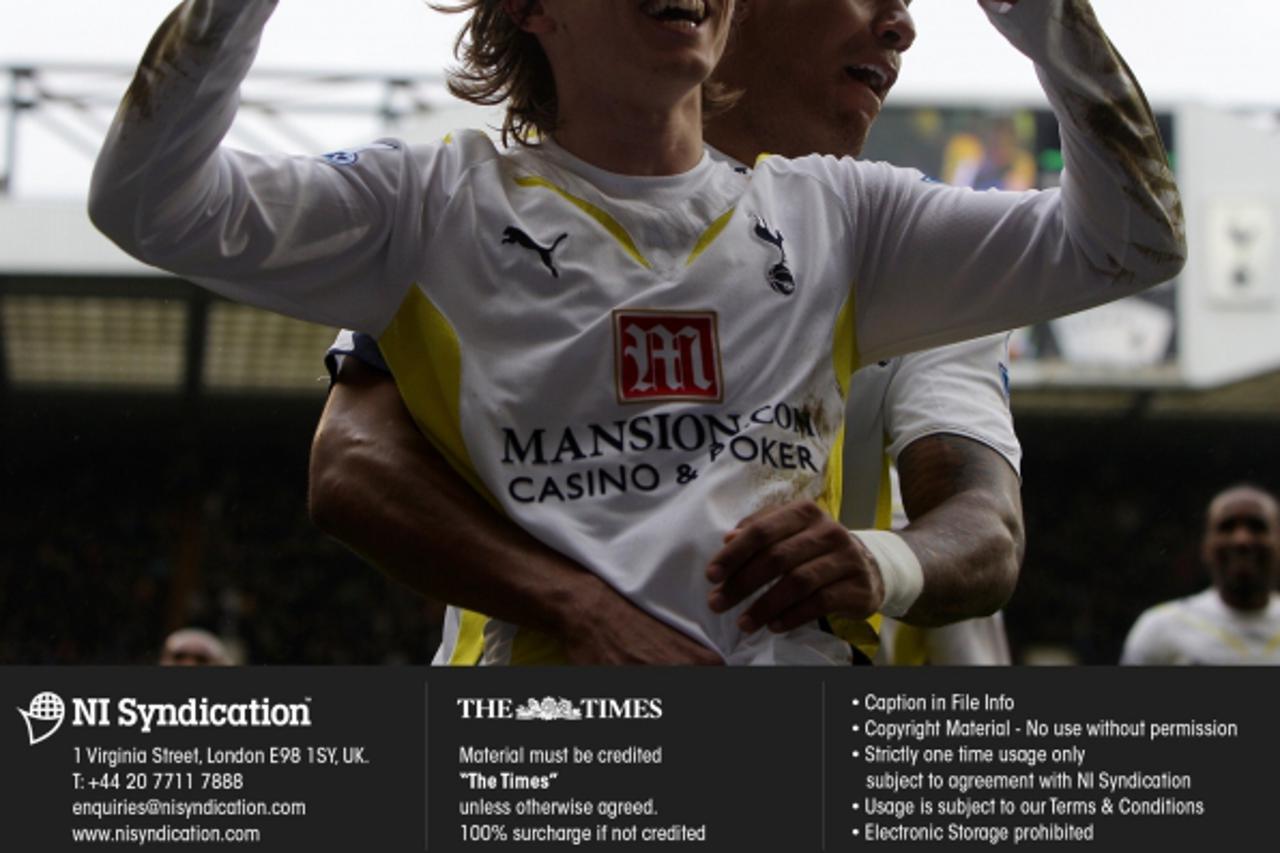 'Luka Modric of Spurs celebrates after scoring their second in the Tottenham Hotspurs vs Everton clash at White Hart Lane in the Premier League, Sun 28th Feb 2010. Copyright: The Times Photo: NI Syndi