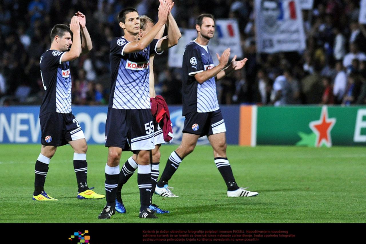 '27.09.2011., Stadion Gerland, Lyon, Francuska - UEFA Liga prvaka, skupina D, 2. kolo, Lyon - Dinamo Zagreb. Ante Rukavina(55), Fatos Beqiraj(21), Josip Simunic(4).  Photo: Goran Stanzl/PIXSELL'