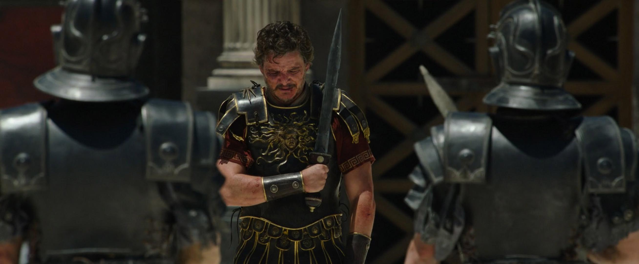 Los Angeles.CA.USA. Pedro Pascal   in a scene in (C) Paramount Pictures, Gladiator II (2024). Director:Ridley Scott Source: Gladiator  Plot: Set about 20 years after the events from Gladiator, Lucius Verus was once the imperial heir of Rome but is now living in obscurity outside the empire in North Africa. He is captured and becomes a gladiator, fighting against the Roman emperors Caracalla and Geta.  Ref:LMK110-100724-002 Supplied by LMKMEDIA. Editorial Only. Landmark Media is not the copyright owner of these Film or TV stills but provides a service only for recognised Media outlets. pictures@lmkmedia.com Photo: Supplied by LMK / ipa-agency.net/IPA