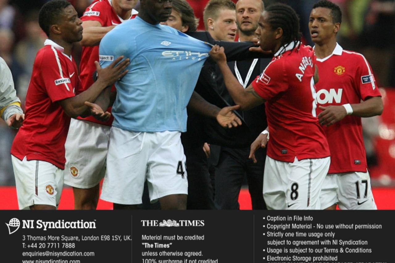 'FA Cup Semi-Final Manchester United 0 Manchester City 1, Mario Balotelli , Anderson argue Credit: The Times Online rights must be cleared by N.I.Syndication Photo: NI Syndication/PIXSELL'