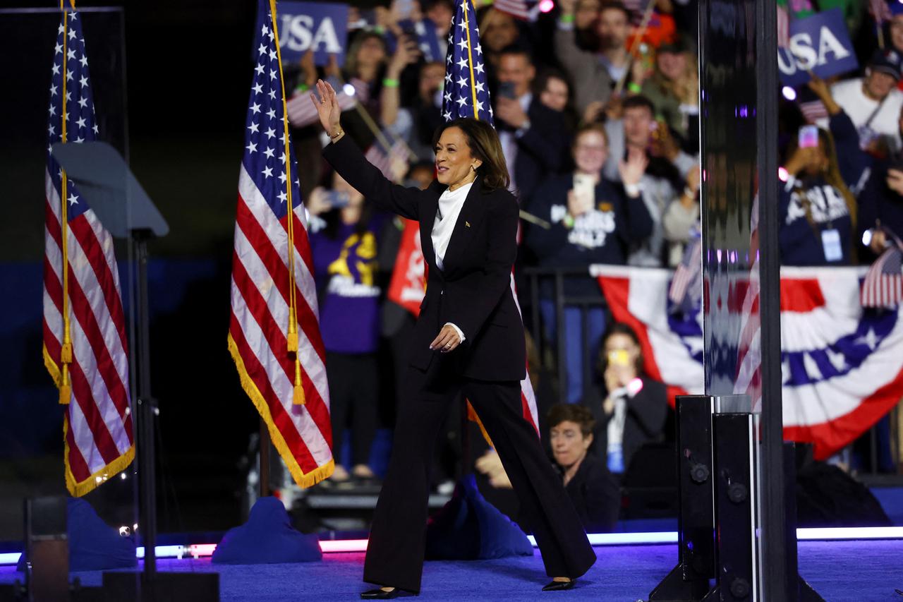 Democratic presidential nominee U.S. Vice President Kamala Harris delivers a speech on the National Mall, in Washington