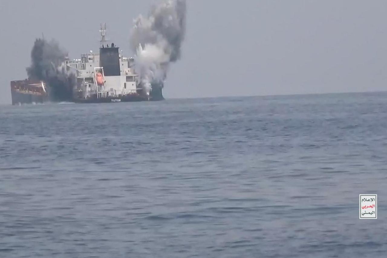 Smoke rises after an explosion on a ship that Houthis say is an attack by them on Greek-owned MV Tutor in the Red Sea