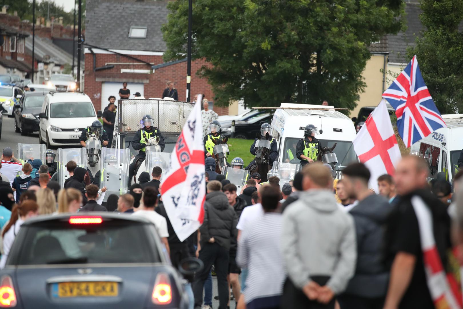 People protest in Sunderland city centre following the stabbing attacks on Monday in Southport, in which three young children were killed. Axel Rudakubana, 17, has been remanded into a youth detention accommodation, charged with three counts of murder, 10 counts of attempted murder and possession of a bladed article, following a knife attack at a Taylor Swift-themed holiday club. Picture date: Friday August 2, 2024. Photo: Scott Heppell/PRESS ASSOCIATION