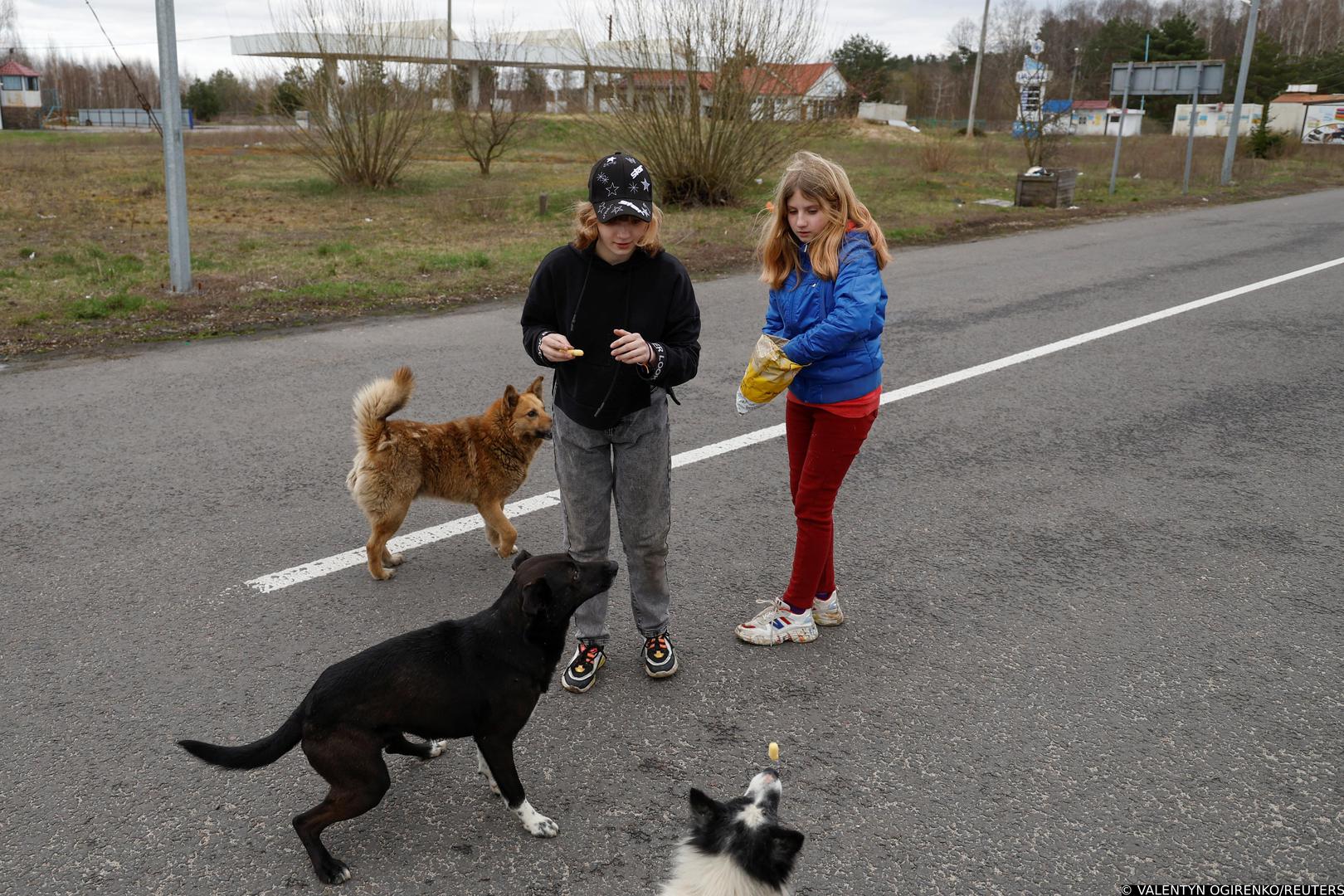 Sisters Anastasiia and Kseniia Hrinchenko, who went to a Russian-organised summer camp from non-government controlled territories and were then taken to Russia, feed dogs after returning via the Ukraine-Belarus border, in Volyn region, Ukraine April 7, 2023. REUTERS/Valentyn Ogirenko Photo: VALENTYN OGIRENKO/REUTERS