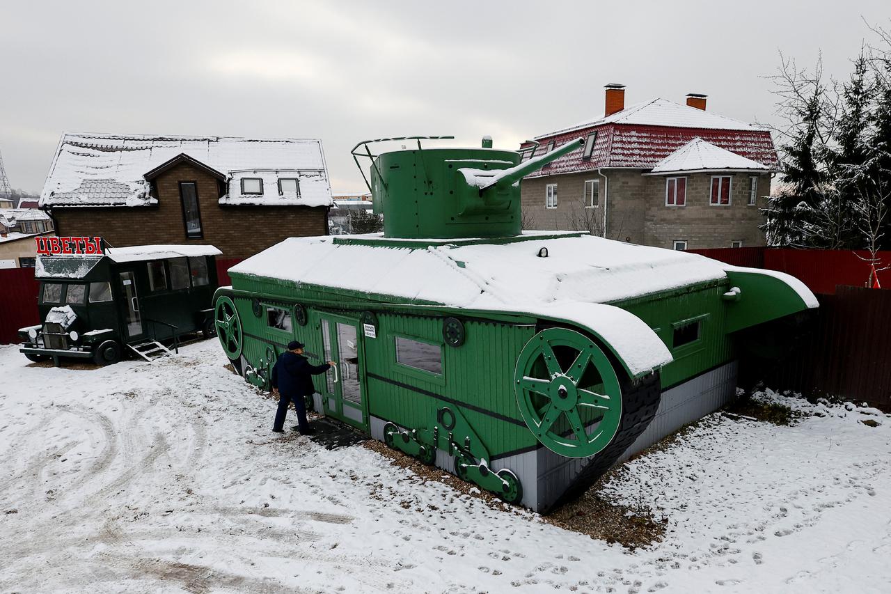 A view shows a shop constructed in the form of a tank near Moscow