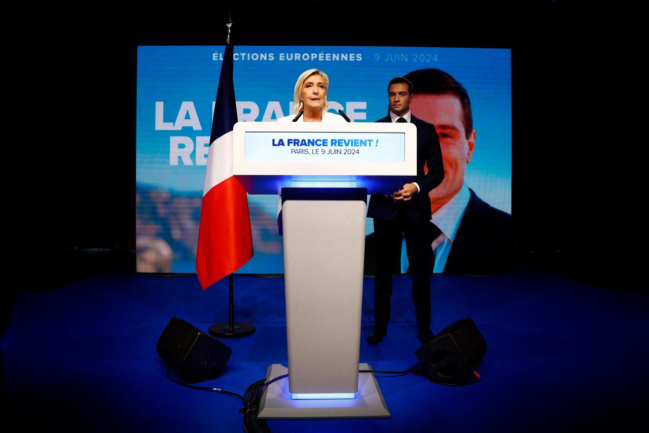 Bardella speaks after the polls closed during the European Parliament elections, in Paris