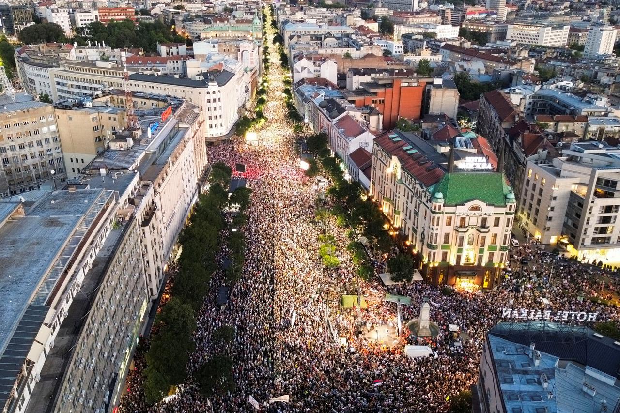 People attend a protest against Rio Tinto's lithium mining project, in Belgrade