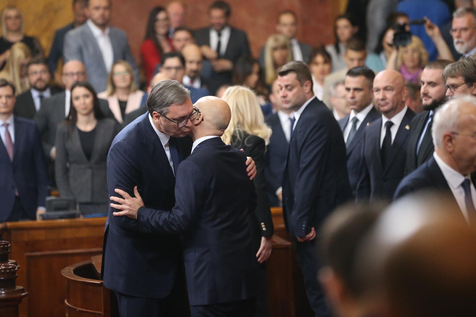 02, May, 2024, Belgrade - The Prime Minister of the Republic of Serbia, Milos Vucevic, and the ministers took the oath in the Assembly of the Republic of Serbia, and with that, their mandate officially began. Aleksandar Vucic, Milos Vucevic. Photo: F.S./ATAImages

02, maj, 2024, Beograd - Predsednik Vlade Republike Srbije Milos Vucevic i ministri polozili su zakletvu u Skupstini Republike Srbije, a time je poceo i zvanicno da im tece mandat. Photo: F.S./ATAImages Photo: F.S./ATAImages/PIXSELL