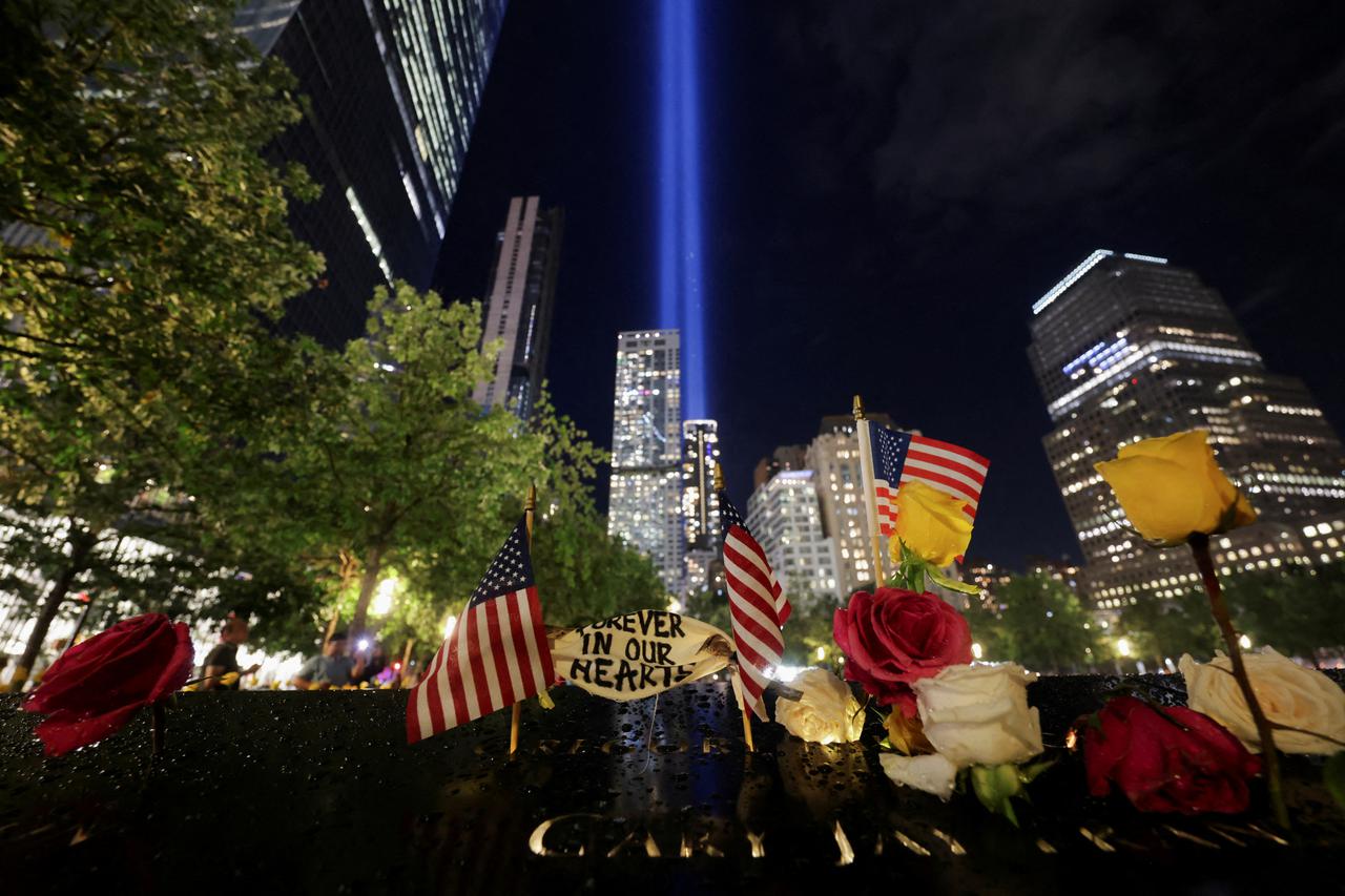 The Tribute in Light is illuminated on the skyline of lower Manhattan during the 22nd anniversary of the September 11 attacks, in New York City