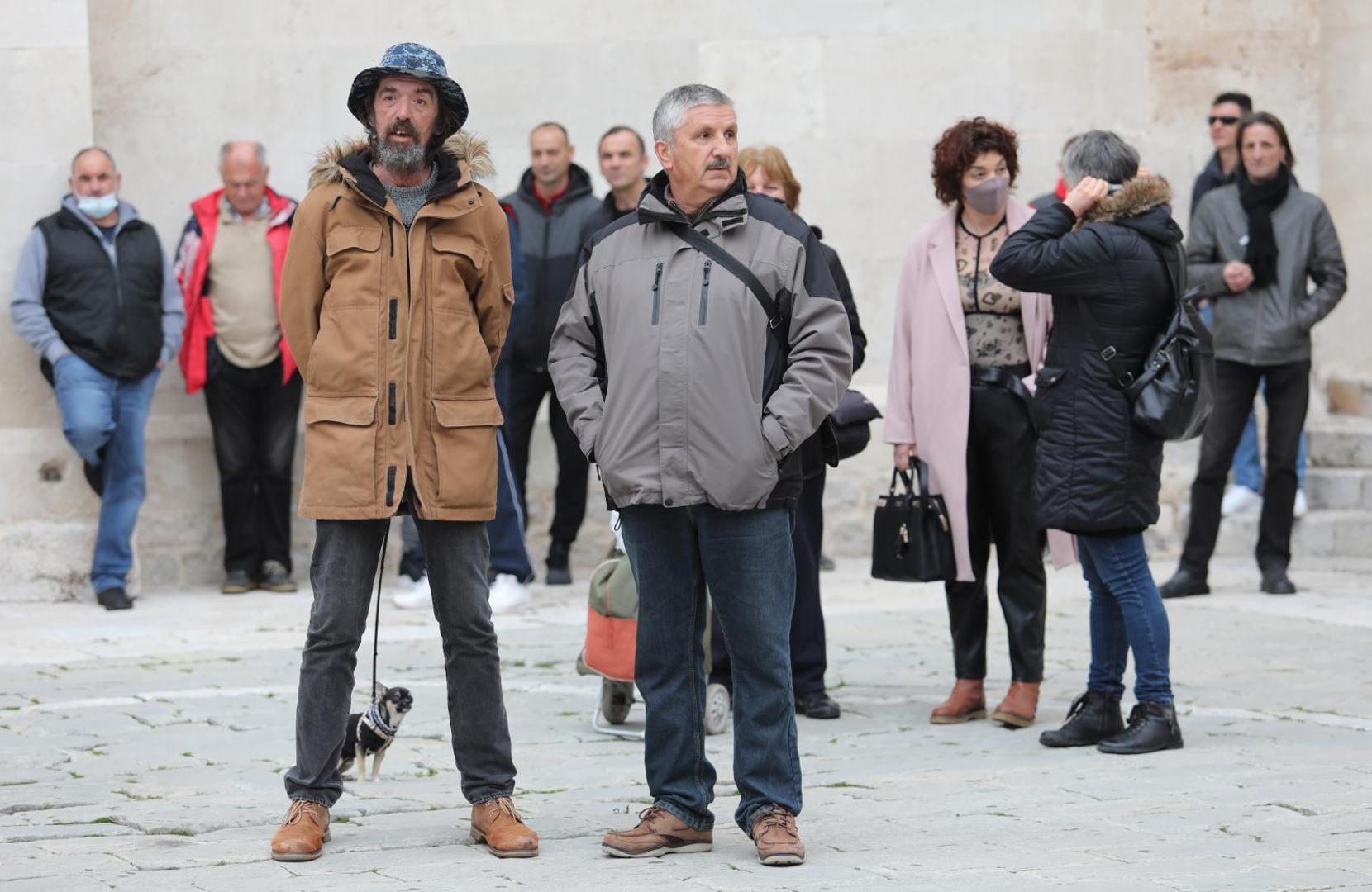 20.02.20220.,Trogir - Na trgu Ivana Pavla II odrzan mirni prosvjed radnika Brodotrogira na kojima su im se obratili predstavnici sindikata,radnika,branitelja i trogirani koji su to zeljeli.
Photo:Ivo Cagalj/PIXSELL