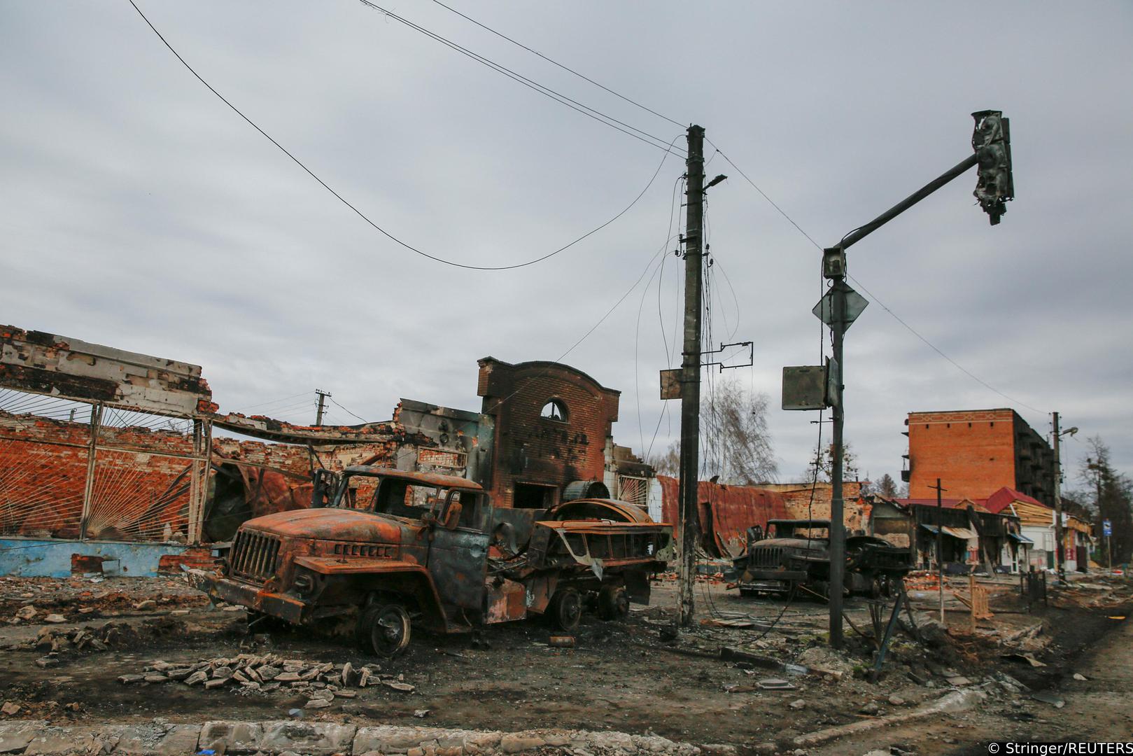 Destroyed Russian military vehicles are seen amid Russia?s attack on Ukraine continues, in the town of Trostianets, in Sumy region, Ukraine March 28, 2022. Picture taken March 28, 2022. REUTERS/Oleg Pereverzev Photo: Stringer/REUTERS