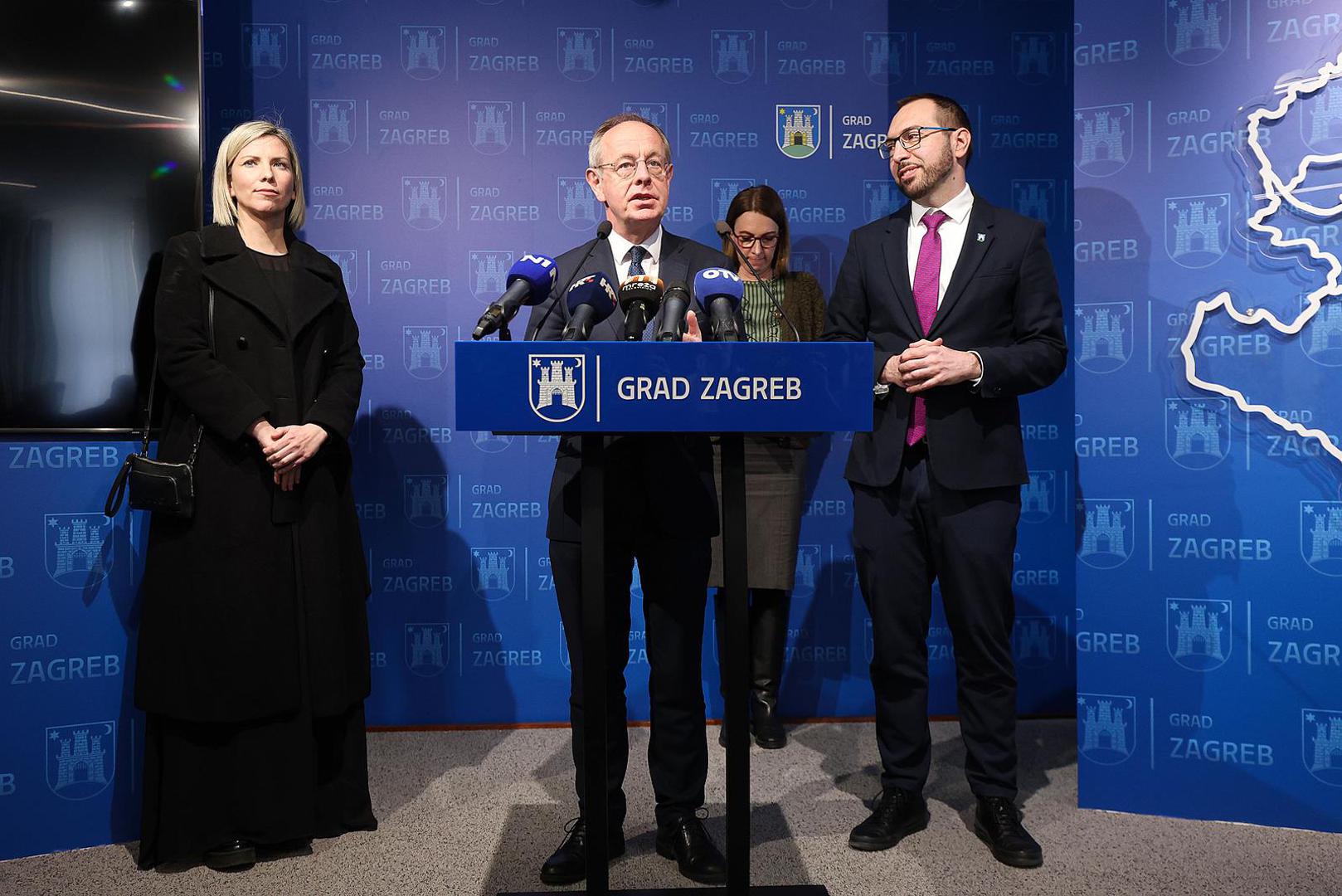 06.03.2024., Zagreb - Gradonacelnik Grada Zagreba Tomislav Tomasevic i zamjenici gradonacelnika Danijela Dolenec i Luka Korlaet odrzali su sastanak sa zamjenikom glavnog direktora Glavne uprave za okolis Europske komisije Patrickom Childom o misiji Europske unije za 100 klimatski neutralnih i pametnih gradova te koracima koje je Grad Zagreb poduzeo kao jedini hrvatski grad koji je izabran za sudjelovanje u tzv. misiji za gradove. Izjave za medije nakon sastanka. Photo: Goran Stanzl/PIXSELL