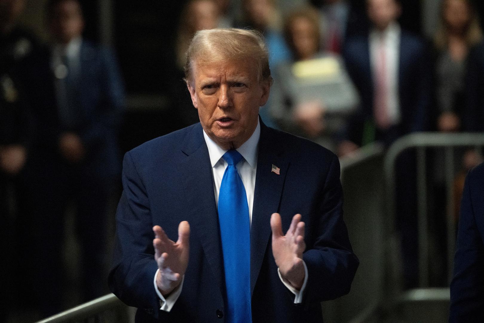 Former president Donald Trump speaks to the media after the first day of opening statements in his trial at Manhattan Criminal Court for falsifying documents related to hush money payments, in New York, NY, on Monday, April 22, 2024. Victor J. Blue/Pool via REUTERS Photo: Victor J. Blue/REUTERS