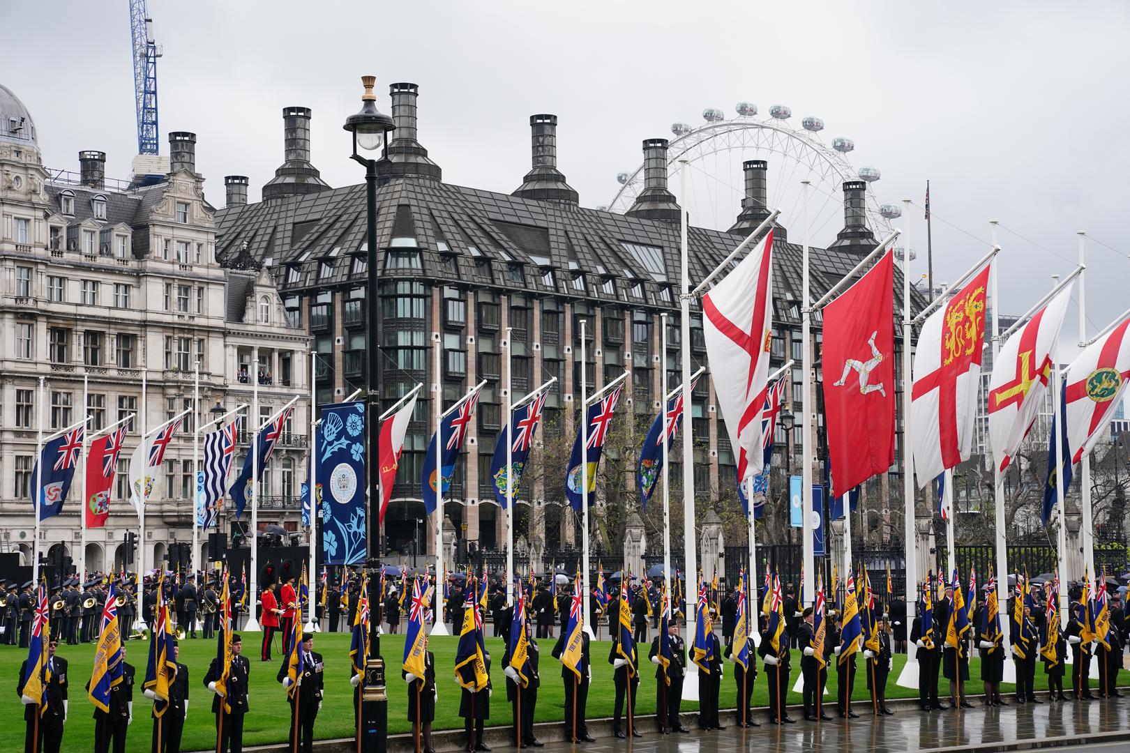 Standard bearers and members of the military in Parliament Square, ahead of the coronation ceremony of King Charles III and Queen Camilla at Westminster Abbey, London. Picture date: Saturday May 6, 2023. Photo: Jane Barlow/PRESS ASSOCIATION