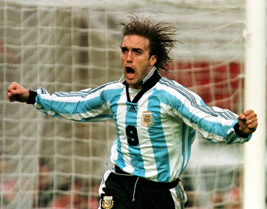 FILE PHOTO: Argentine striker Gabriel Batistuta celebrates after scoring against [South Africa] during their fri..