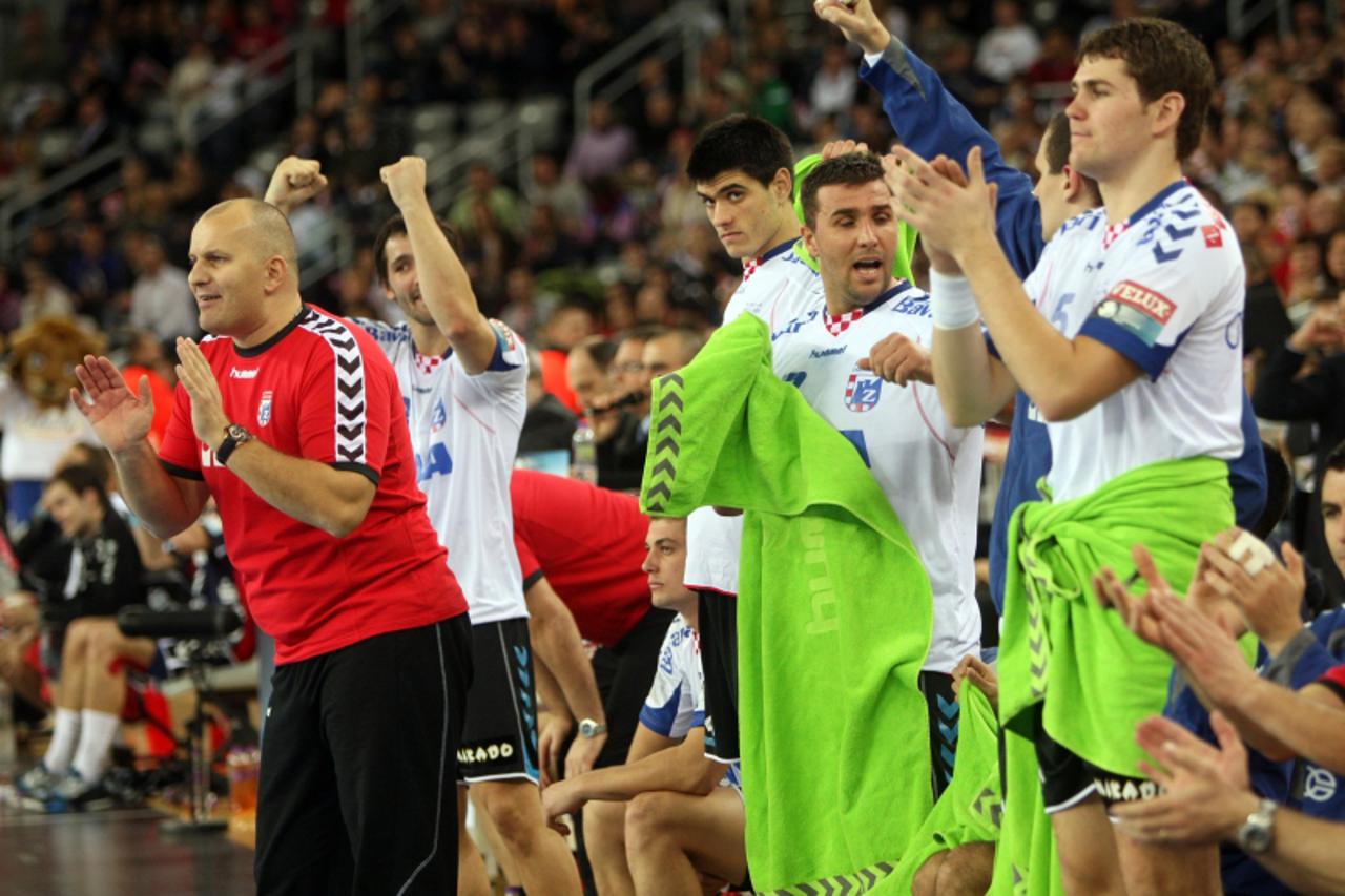 '28.11.2010., Arena Zagreb, Zagreb - Liga prvaka, 5. kolo, Zagreb - Flensburg. Nenad Kljaic, Gyula Gal, Jakov Gojun Photo: Zeljko Hladika/PIXSELL'