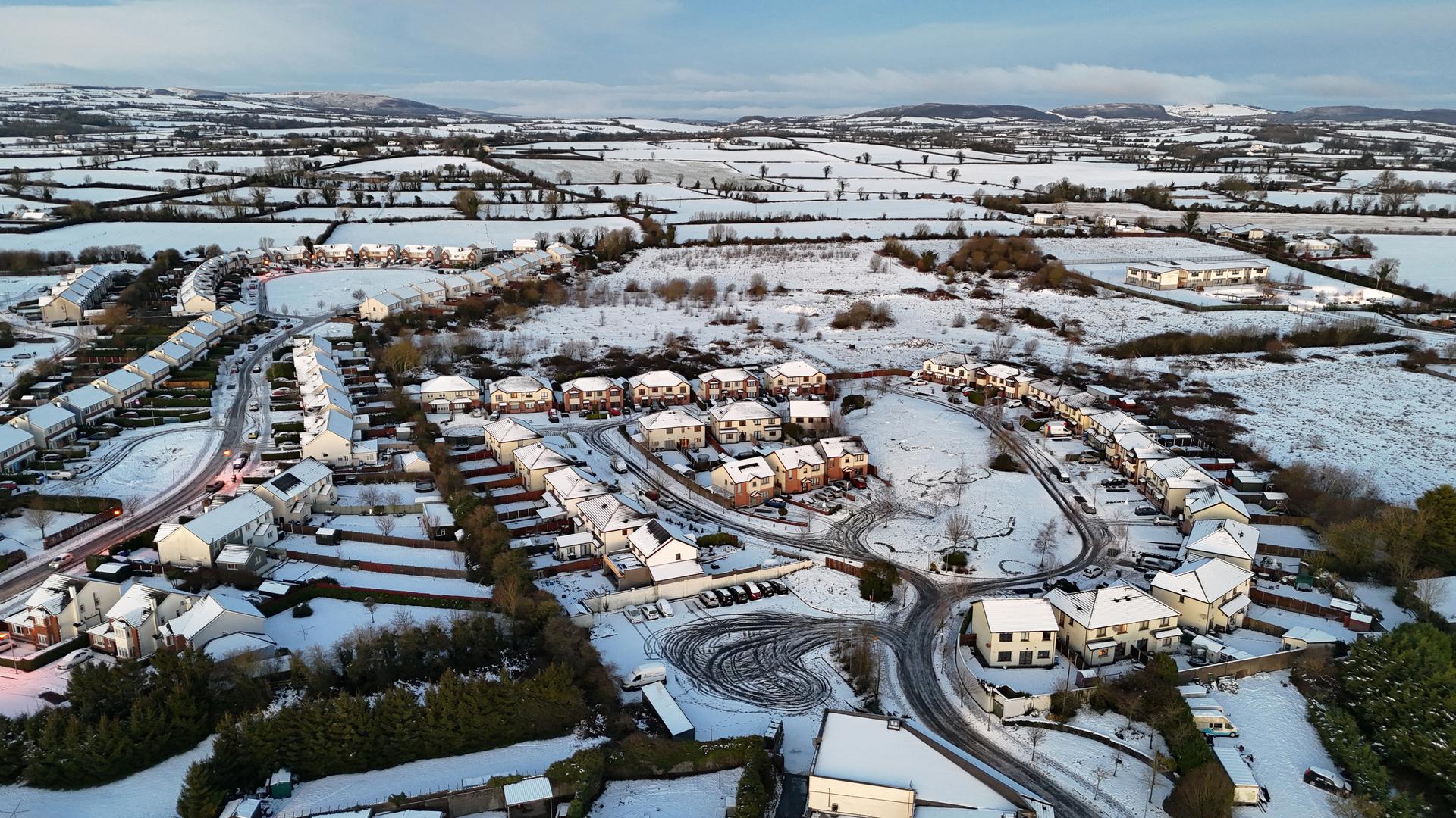 Snow surrounds the village of Ballylynan in County Laois in Ireland. Tens of thousands of homes and businesses in Ireland are without water and electricity amid a bitter cold snap across the whole island. Picture date: Monday January 6, 2025. Photo: Niall Carson/PRESS ASSOCIATION