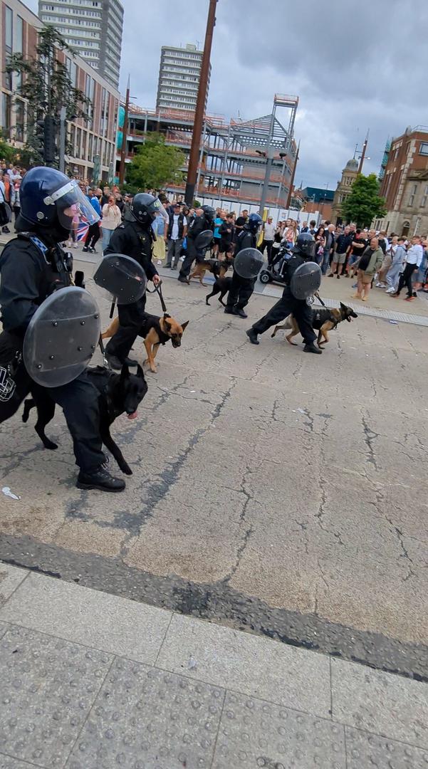 Police walk with their dogs during anti-immigration demonstrations in Sunderland, Britain August 2, 2024 in this still image obtained from a social media video. TikTok @whatsthecracklike/via REUTERS  THIS IMAGE HAS BEEN SUPPLIED BY A THIRD PARTY. MANDATORY CREDIT. NO RESALES. NO ARCHIVES. Photo: @whatsthecracklike/REUTERS