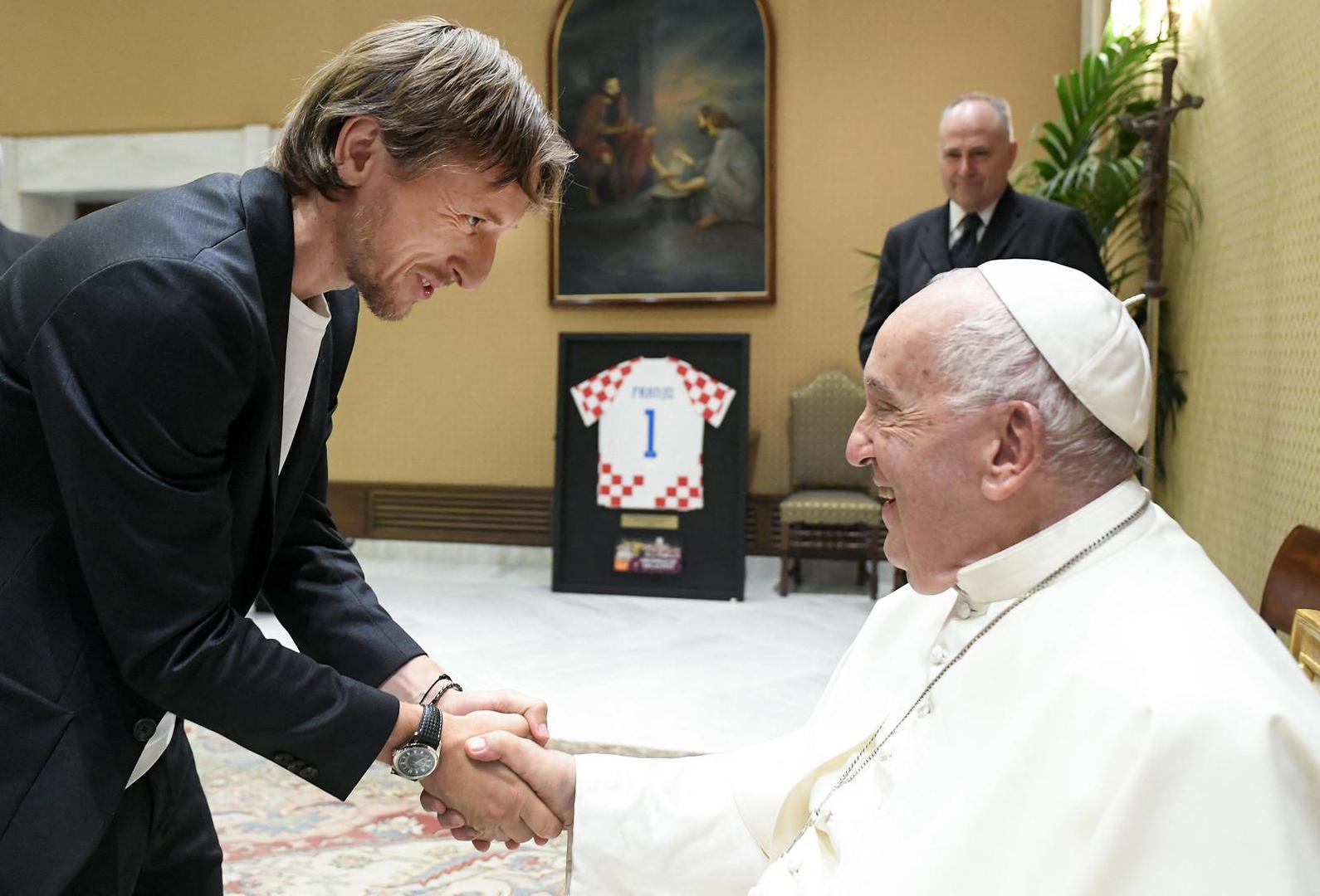 Pope Francis greets Croatian player Luka Modric at the end of a meeting with the players of the Croatian National Football Team during a private audience at the Vatican on June 5, 2024. The Pope praised the Croatian team for their achievements, such as their third-place finish at the last World Cup in Qatar. The Croatians also received his blessing ahead of Euro 2024, which will soon be hosted by Germany. Photo: (EV) Vatican Media/ABACAPRESS.COM Photo: ABACA/ABACA