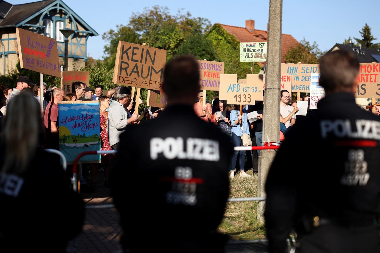 People protest against Germany's AfD party during the Brandenburg state election, in Potsdam