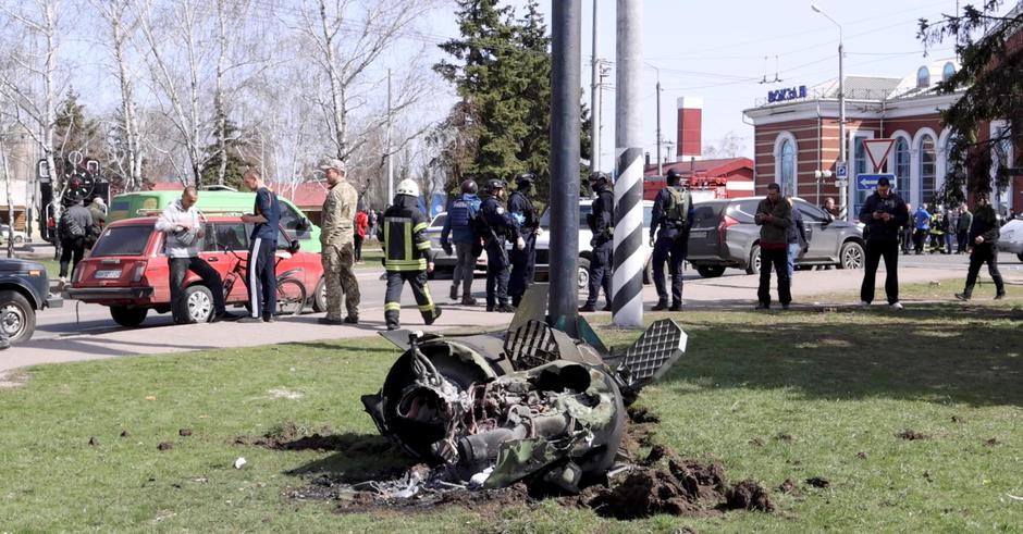 Remains of a missile are seen near a railway station, in Kramatorsk