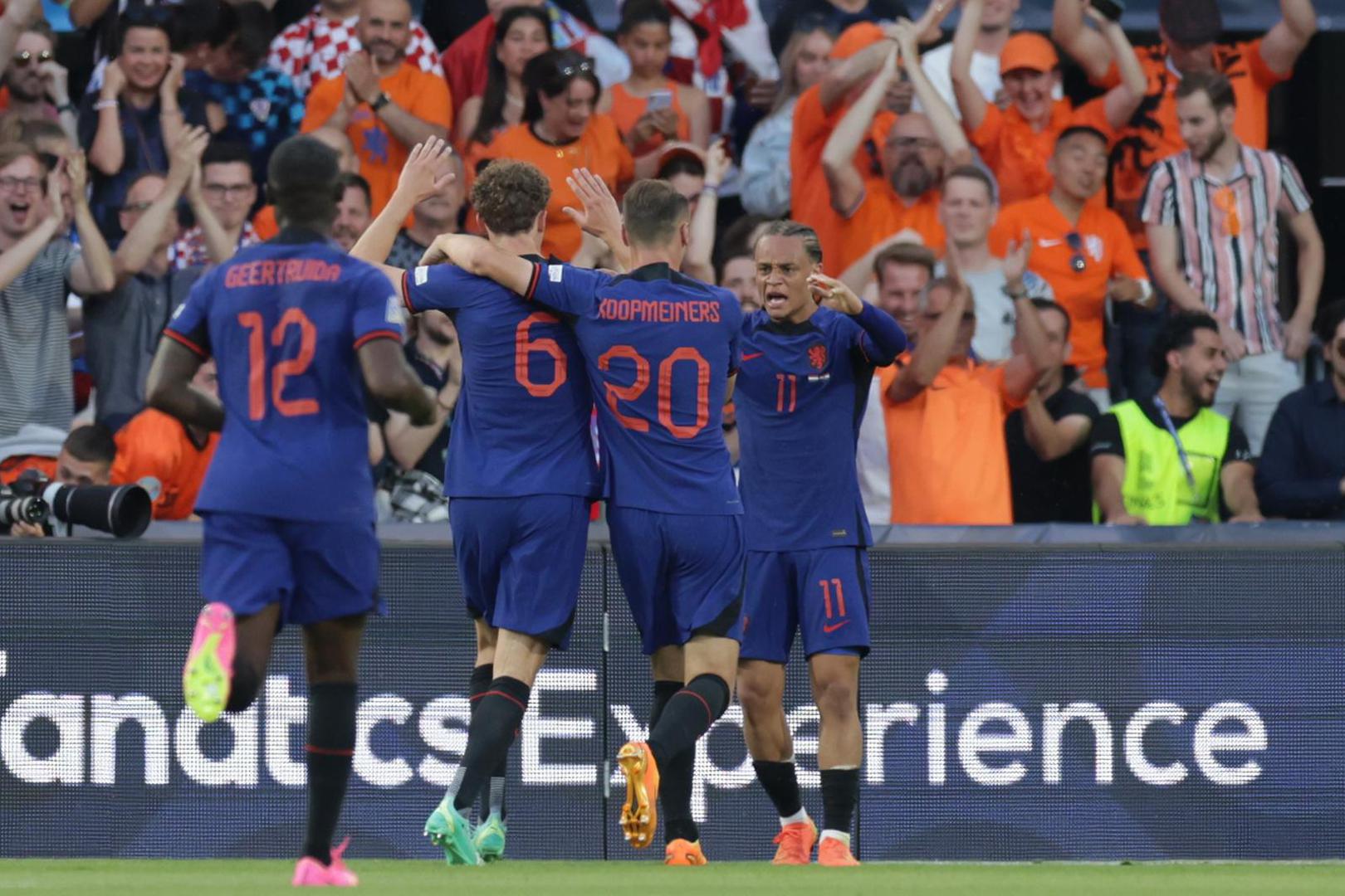 14.06.2023., stadion Feyenoord "De Kuip", Rotterdam, Nizozemska - UEFA Liga Nacija, polufinale, Nizozemska - Hrvatska. Nogometasi Nizozemske slave pogodak za 1:0. Photo: Luka Stanzl/PIXSELL