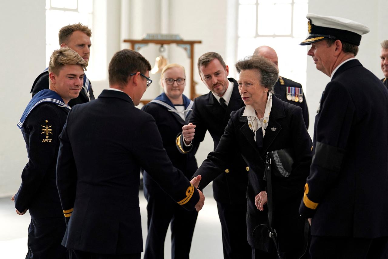 Anne, Princess Royal meets Royal Navy personnel at Portsmouth Naval Base who took part in Britain's Queen Elizabeth funeral procession, in Portsmout