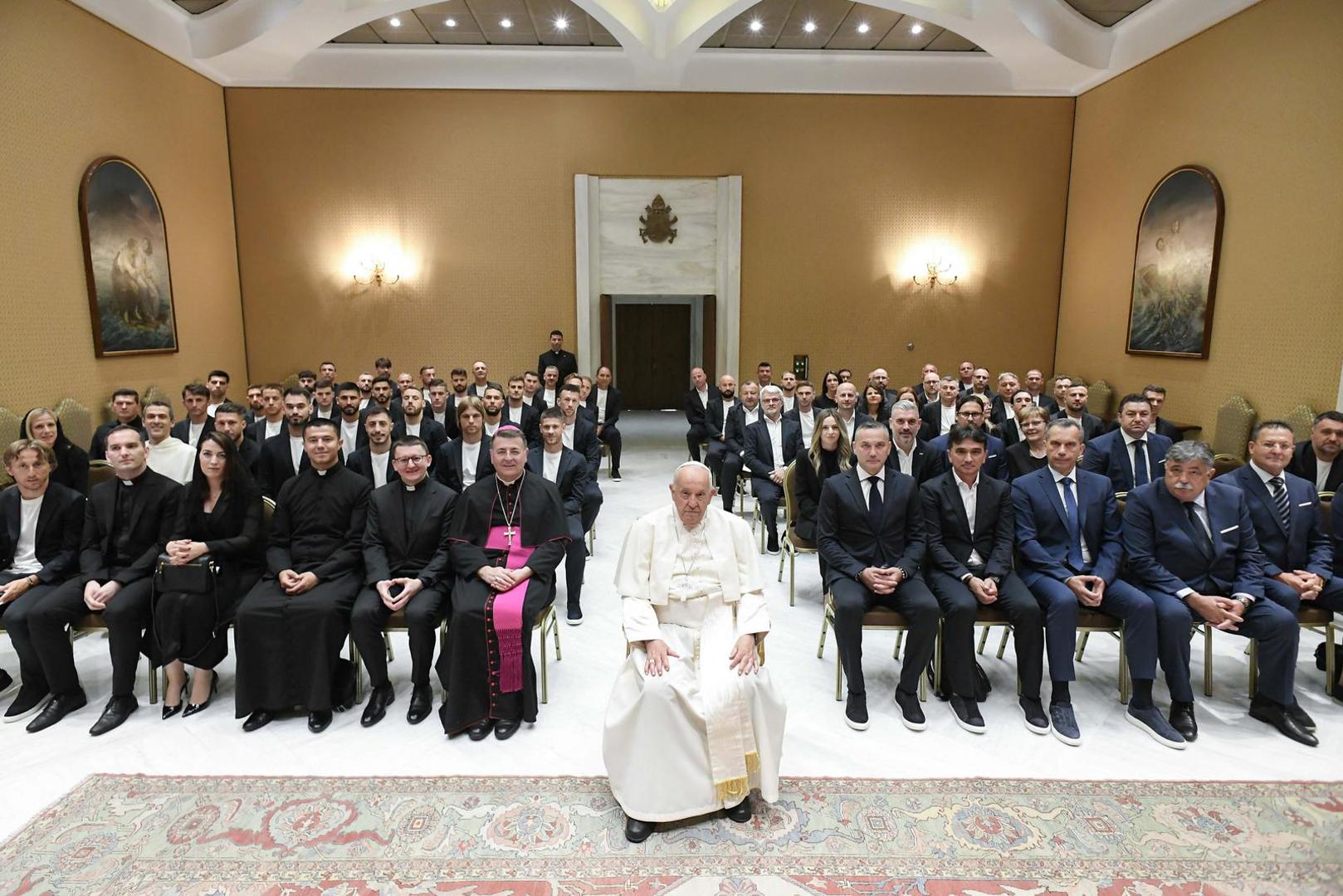 Pope Francis meets the players of the Croatian National Football Team during a private audience at the Vatican on June 5, 2024. The Pope praised the Croatian team for their achievements, such as their third-place finish at the last World Cup in Qatar. The Croatians also received his blessing ahead of Euro 2024, which will soon be hosted by Germany. LEFT: Luka Modric. Photo: (EV) Vatican Media/ABACAPRESS.COM Photo: ABACA/ABACA