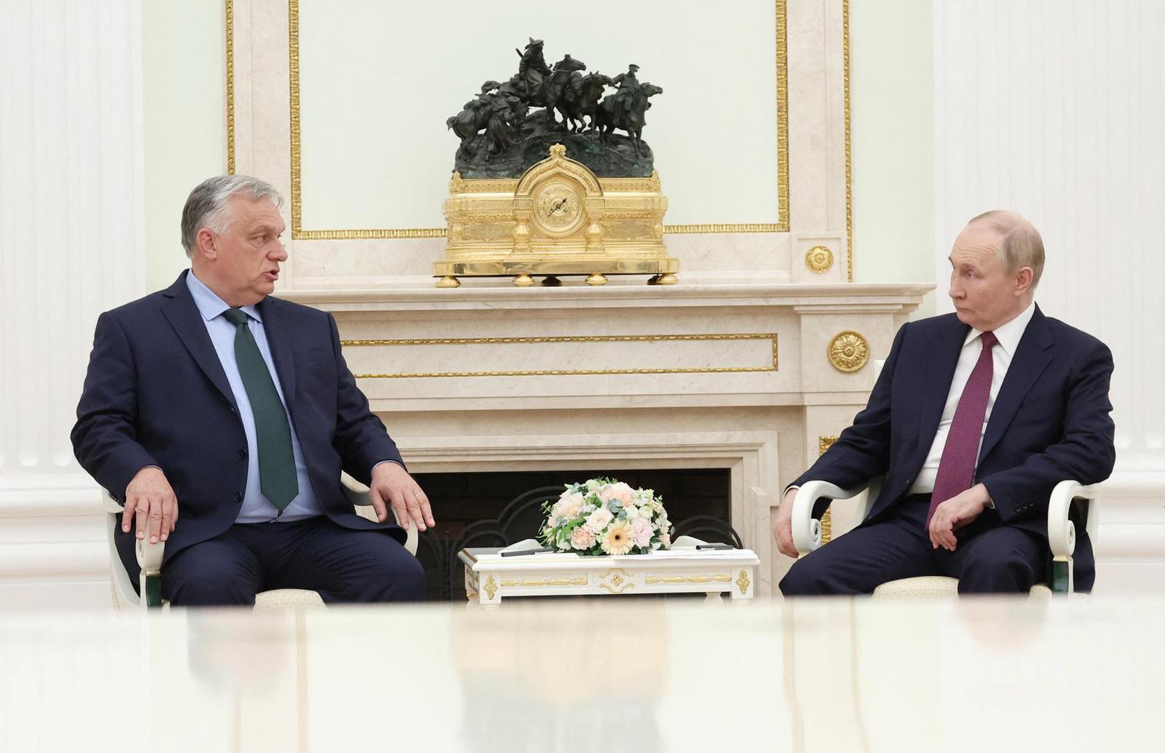 Russia's President Vladimir Putin and Hungary's Prime Minister Viktor Orban attend a meeting at the Kremlin in Moscow, Russia July 5, 2024. Sputnik/Valeriy Sharifulin/Pool via REUTERS ATTENTION EDITORS - THIS IMAGE WAS PROVIDED BY A THIRD PARTY. Photo: Valeriy Sharifulin/REUTERS