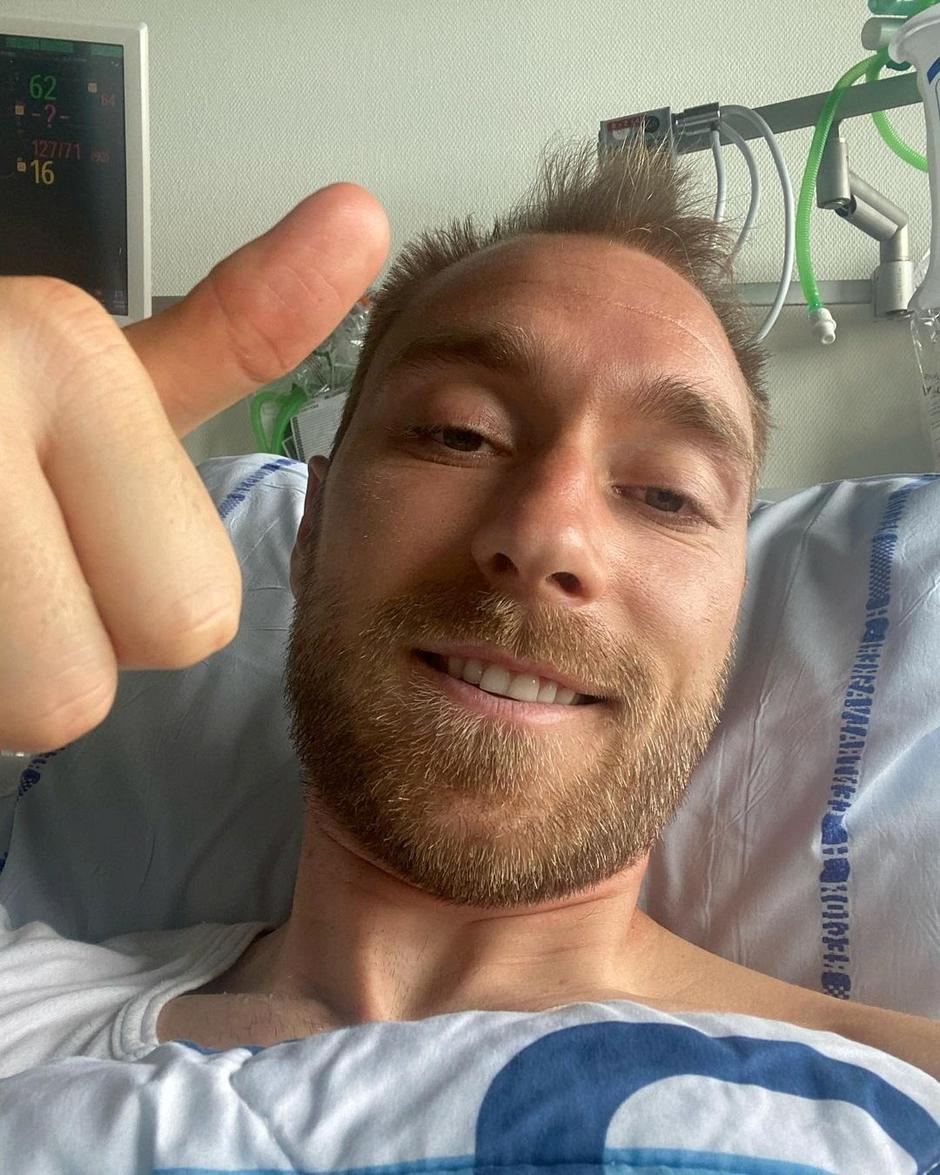 FILE PHOTO: Danish footballer Eriksen gives a thumbs-up at Rigshospitalet in Copenhagen