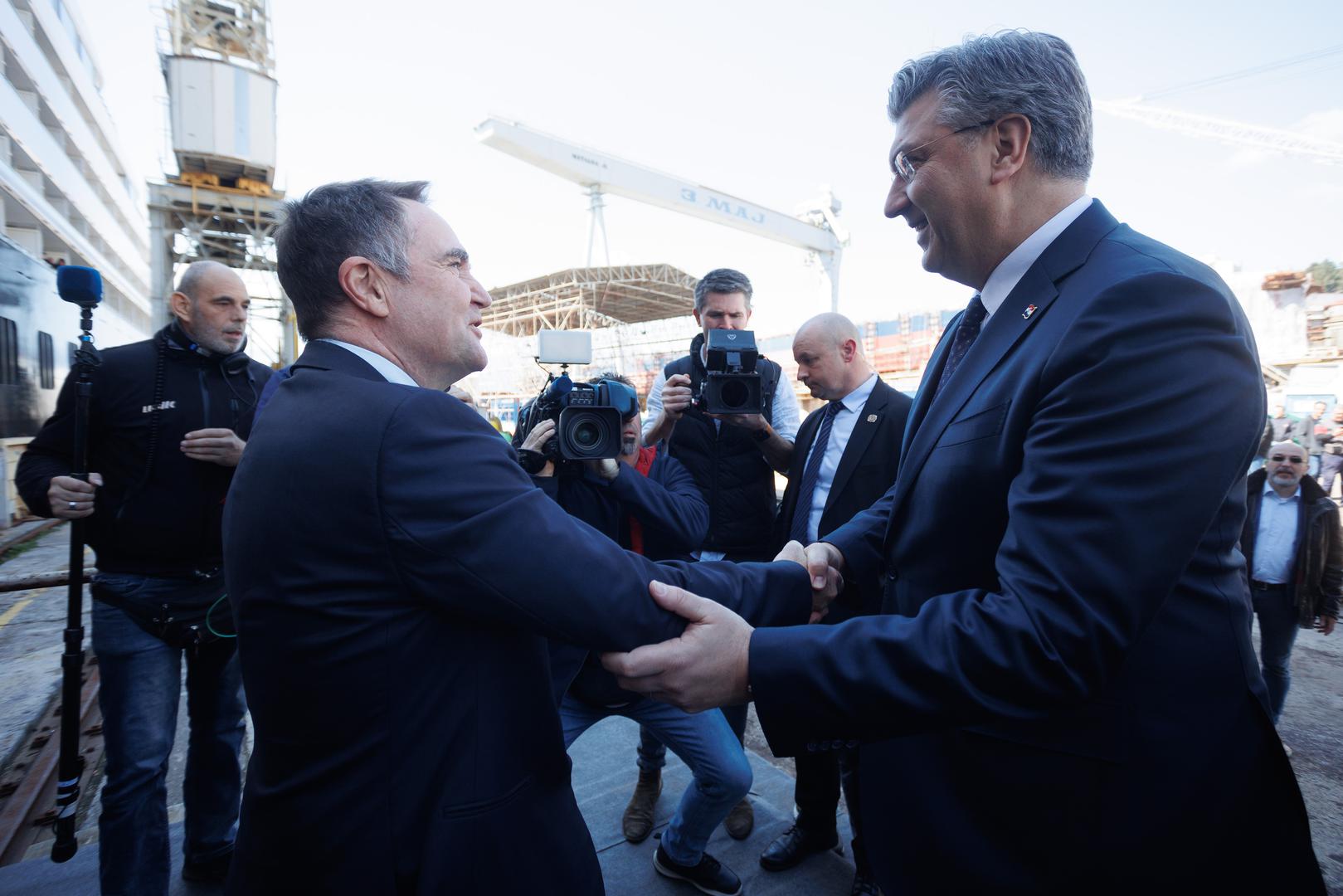 06.04.2023., Rijeka - Svecano isplovljavanje broda Scenic Eclipse II. Osnivac Scenica Glen Moroney, predsjednik Vlade Andrej Plenkovic Photo: Nel Pavletic/PIXSELL