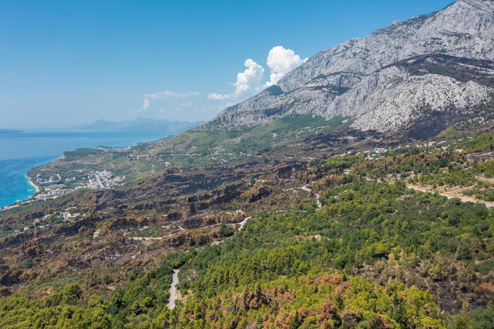 03.08.2024. Gornje Tucepi
Fotografije iz zraka opožarenog podrucja od Tucepi do Gornje Podgore i Parka prirode Biokovo. Photo: Matko Begovic/PIXSELL