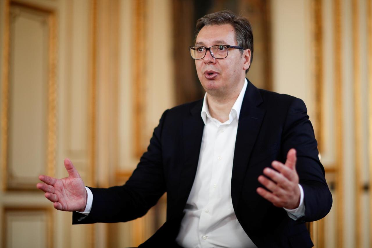 Serbian President Aleksandar Vucic during an interview with Reuters in Paris