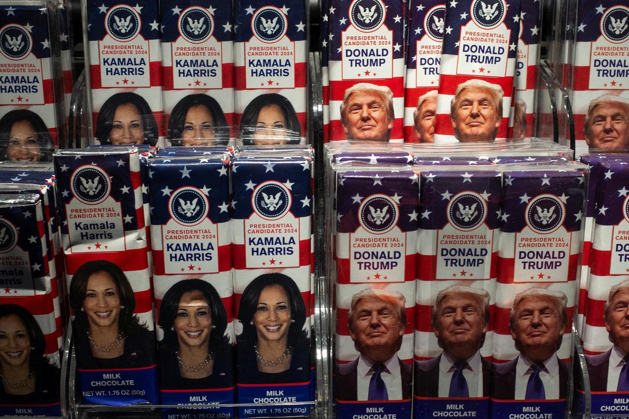 Chocolate bars with the faces of Democratic presidential nominee U.S. Vice President Kamala Harris and Republican presidential nominee and former U.S. President Donald Trump are displayed at a store in New York