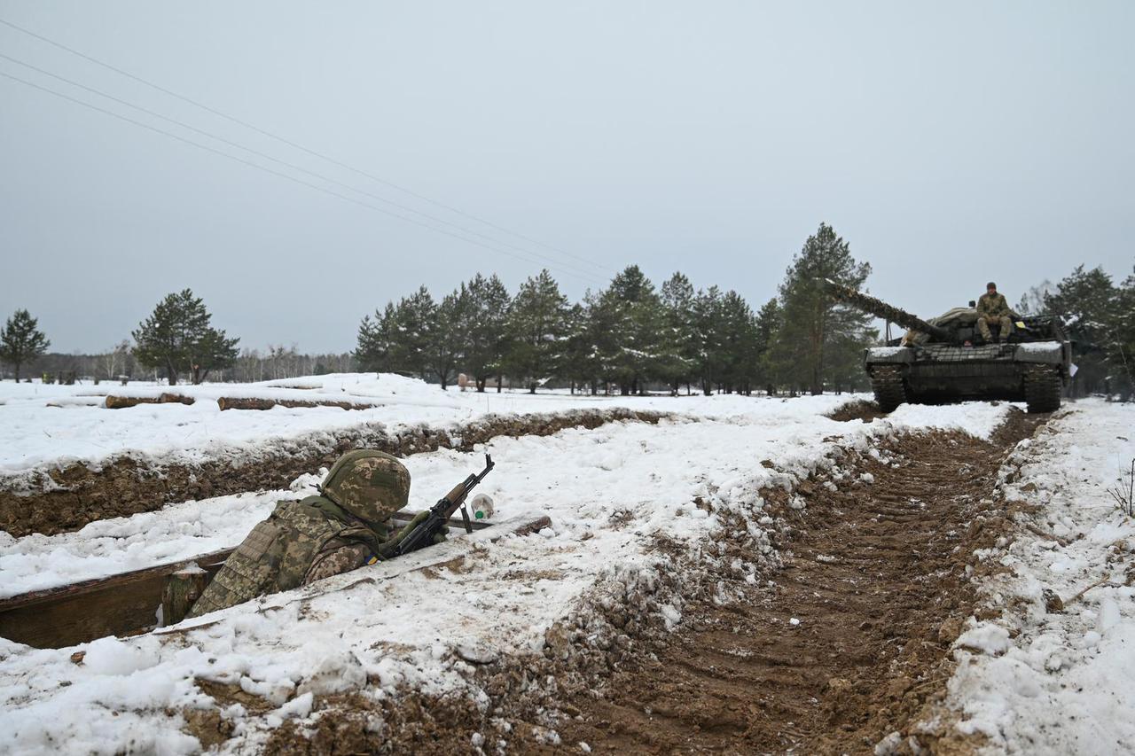 Ukrainian service members attend military exercises in Chernihiv region