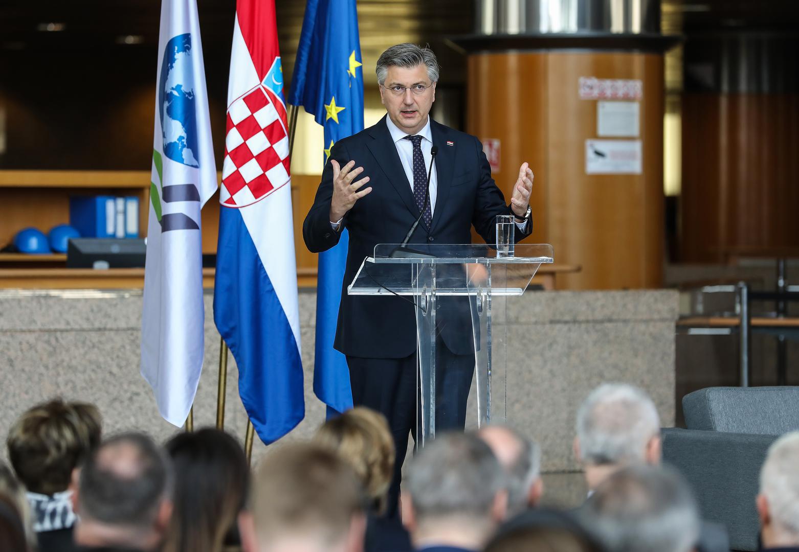 20.04.2023., Zagreb - U organizaciji Vlade Republike Hrvatske i Ministarstva vanjskih i europskih poslova u Nacionalnoj i sveucilisnoj knjiznici odrzala se konferencija pod nazivom "Hrvatska na putu u OECD: Sto donosi clanstvo?". Predsjednik Vlade Andrej Plenkovic Photo: Jurica Galoic/PIXSELL