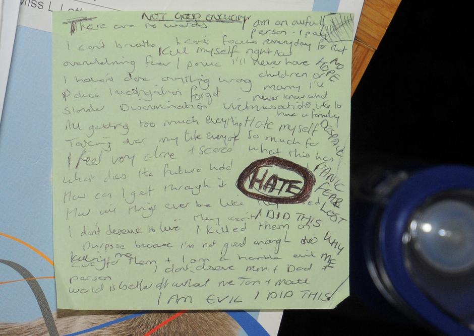 Cheshire Police undated handout picture showing a handwritten note by neonatal nurse Lucy Letby, in Manchester