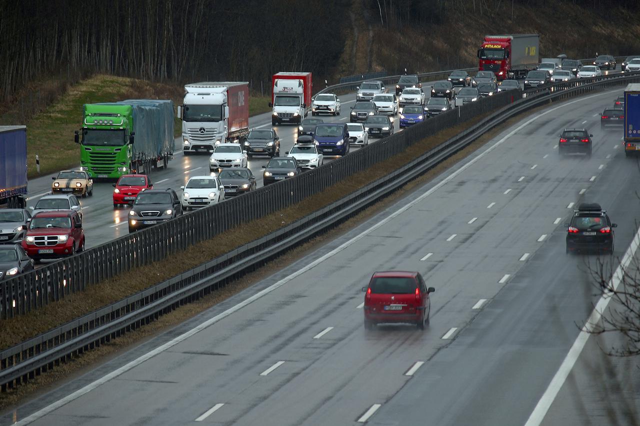 FILE PHOTO: Cars and trucks are stuck in traffic jam near Irschenberg