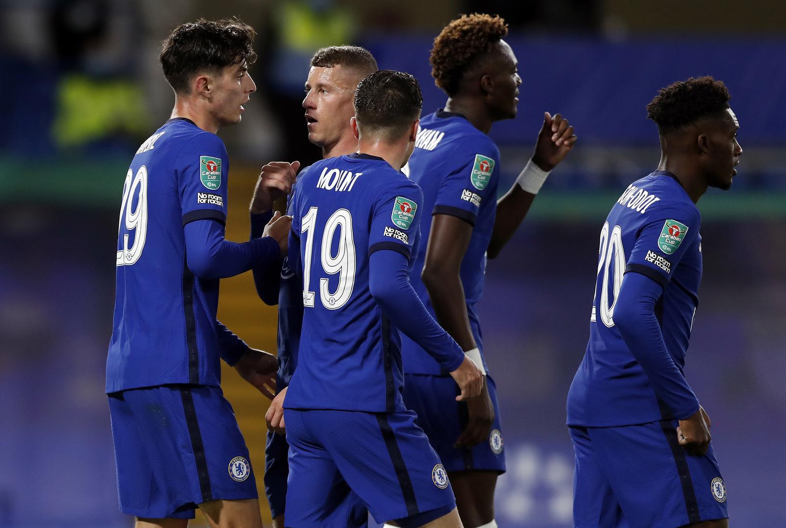 Chelsea v Barnsley - Carabao Cup - Third Round - Stamford Bridge Chelsea's Kai Havertz (left) celebrates scoring his side's fifth goal of the game and his hat-trick with team-mates during the Carabao Cup third round match at Stamford Bridge, London. Alastair Grant  Photo: PA Images/PIXSELL