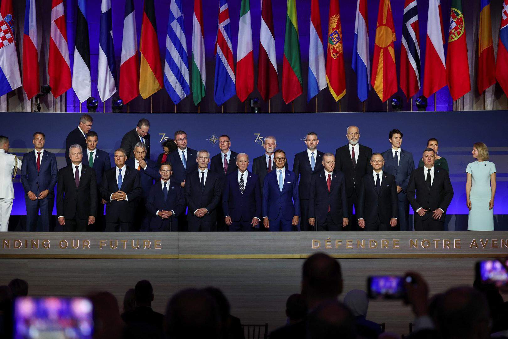 Canadian Prime Minister Justin Trudeau, Sweden's Prime Minister Ulf Kristersson, The Netherlands' Former Prime Minister Mark Rutte, NATO Secretary General Jens Stoltenberg, U.S. President Joe Biden, Turkish President Tayyip Erdogan, Polish President Andrzej Duda, Czech Republic's President Petr Pavel, Hungary's Prime Minister Viktor Orban, Estonia's Prime Minister Kaja Kallas, Spanish Prime Minister Pedro Sanchez, Latvia's President Edgars Rinkevics and other officials stand as they pose for a family photo during a NATO event to commemorate the 75th anniversary of the alliance, in Washington, U.S., July 9, 2024. REUTERS/Yves Herman Photo: YVES HERMAN/REUTERS