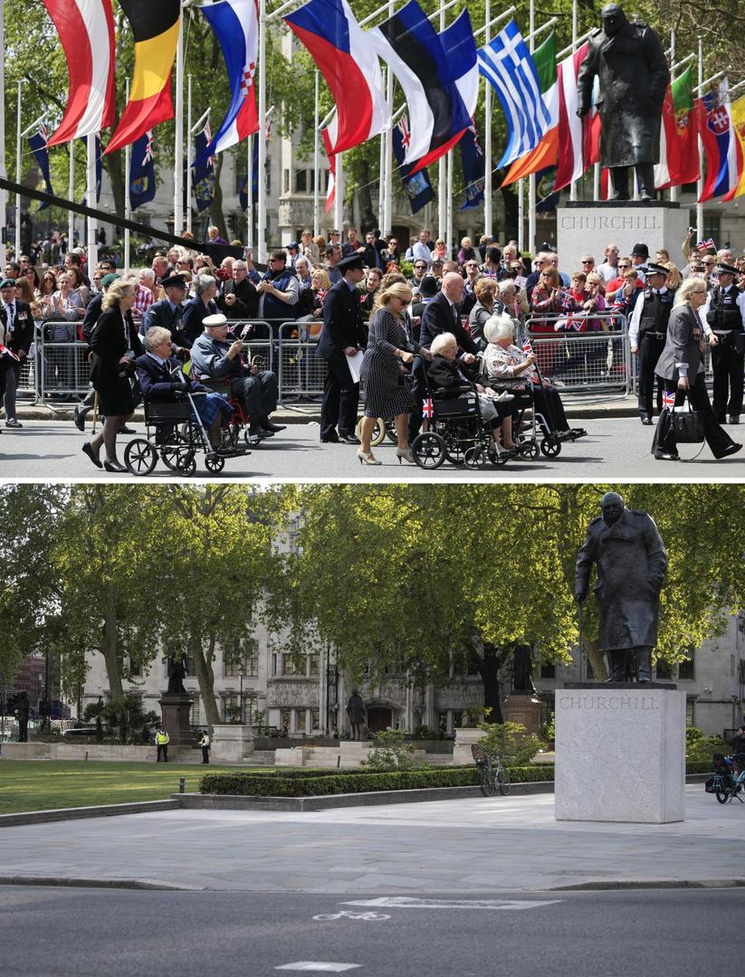 VE Day 75th Anniversary File photo dated 10/05/15 showing veterans passing the statue of Sir Winston Churchill, during the VE Day Parade to mark the 70th anniversary of VE Day, at Parliament Square in London, celebrating VE (Victory in Europe) Day in London, marking the end of the Second World War in Europe now 75 years ago, and how it looked 2/5/2020. Jonathan Brady  Photo: PA Images/PIXSELL