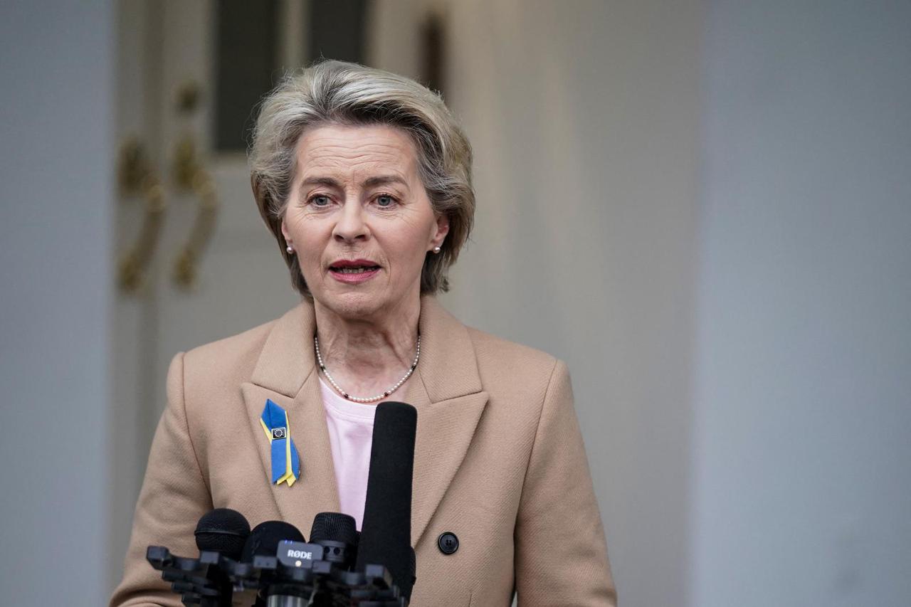 President of the European Commission Ursula von der Leyen speaks to press in Washington