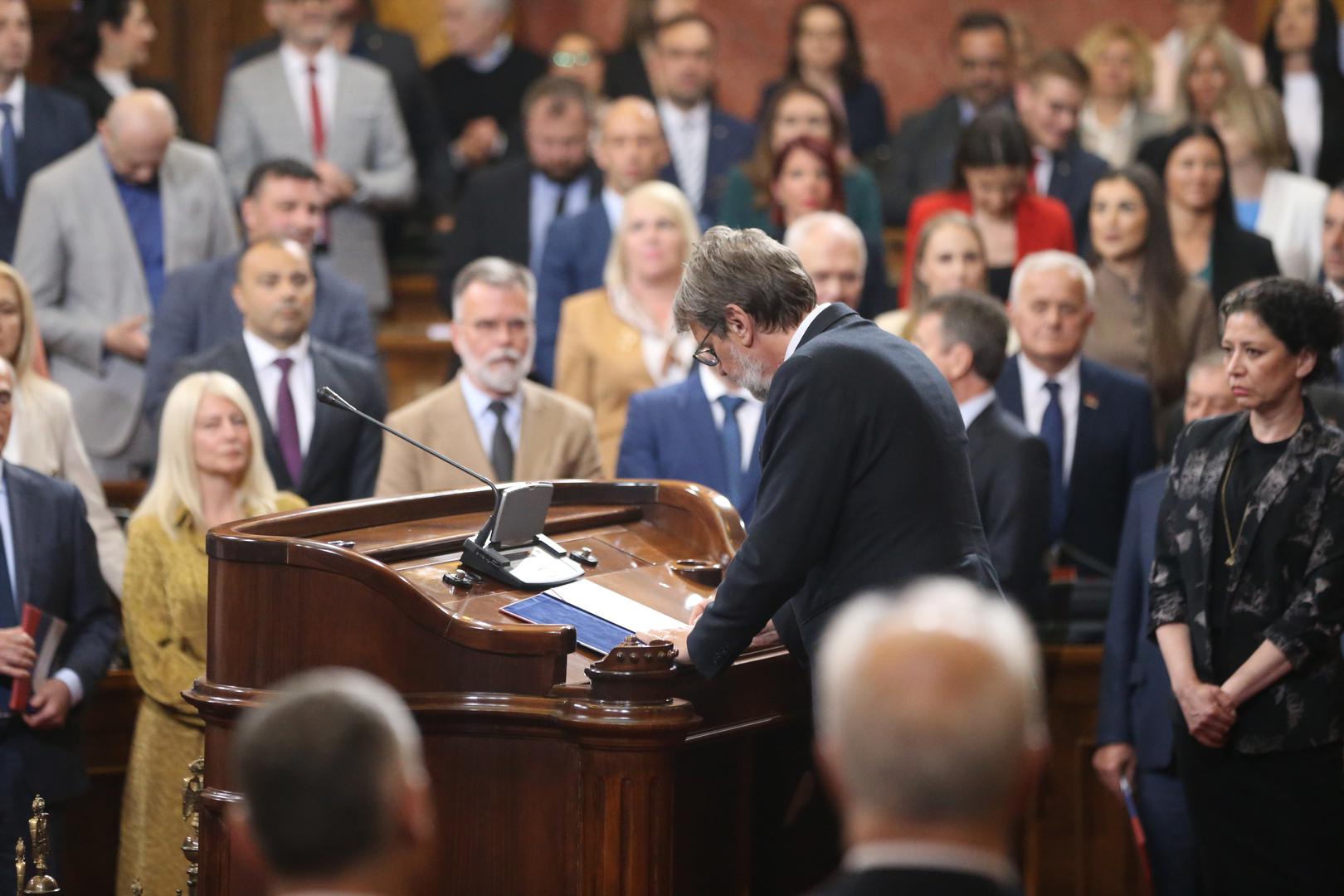 02, May, 2024, Belgrade - The Prime Minister of the Republic of Serbia, Milos Vucevic, and the ministers took the oath in the Assembly of the Republic of Serbia, and with that, their mandate officially began. Tomislav Zigmanov. Photo: F.S./ATAImages

02, maj, 2024, Beograd - Predsednik Vlade Republike Srbije Milos Vucevic i ministri polozili su zakletvu u Skupstini Republike Srbije, a time je poceo i zvanicno da im tece mandat. Photo: F.S./ATAImages Photo: F.S./ATAImages/PIXSELL